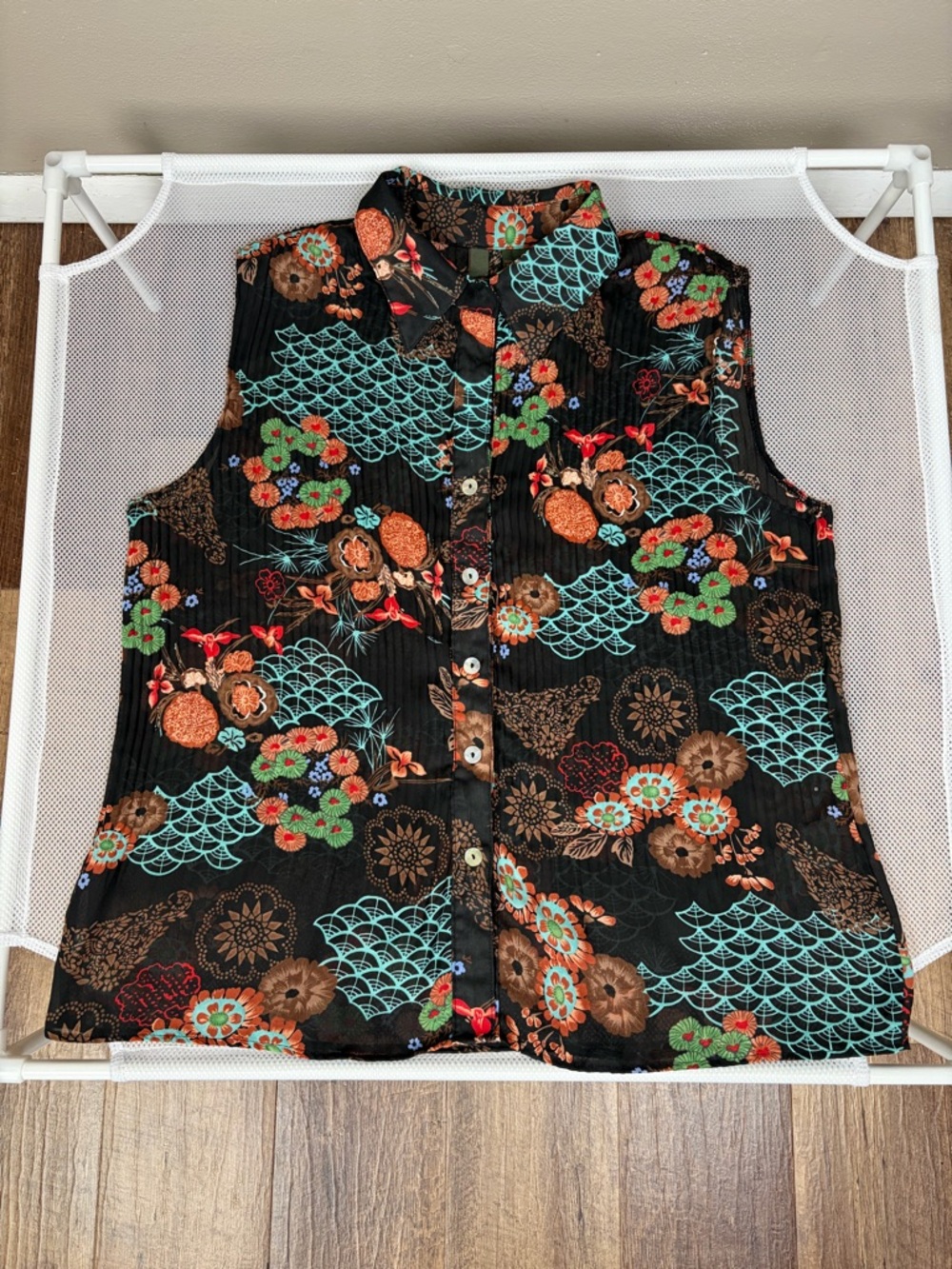 Sere Nade Floral Plisse Sleeveless Button-Down Blouse Art To Wear Boho Top L EUC - Picture 7 of 15